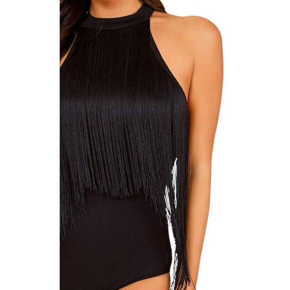 Verdusa Fringe Trim Sleeveless Bodycon Halter Bodysuit Top Brown Size Small NWOT - Picture 3 of 11